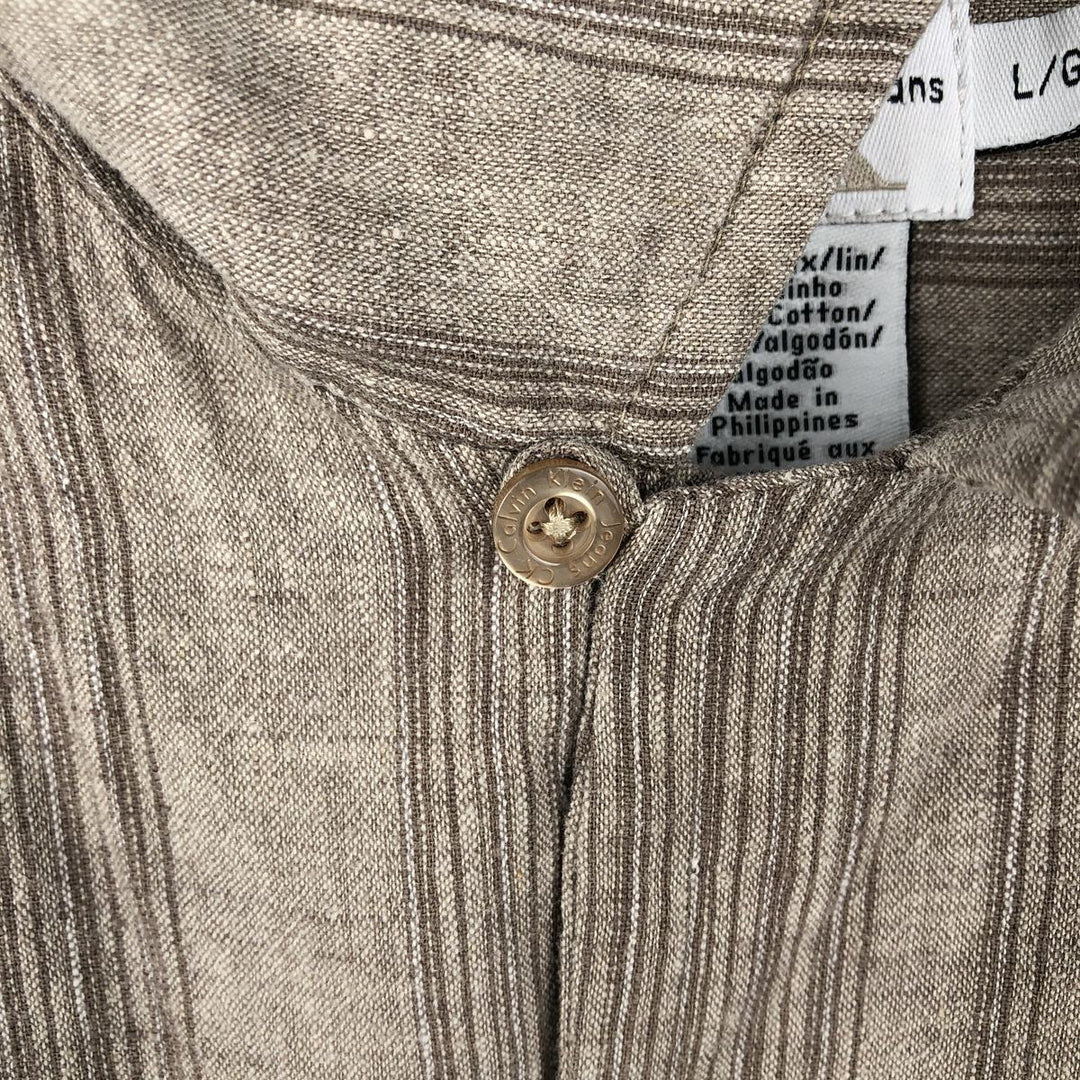 90s-00'S Calvin Klein Stripe Pattern Short-Sleeve Open-Collar Linen Shirt, Boxy Shirt, Men's Size L (Equivalent), Vintage linen Beige type Vintage Second Hand