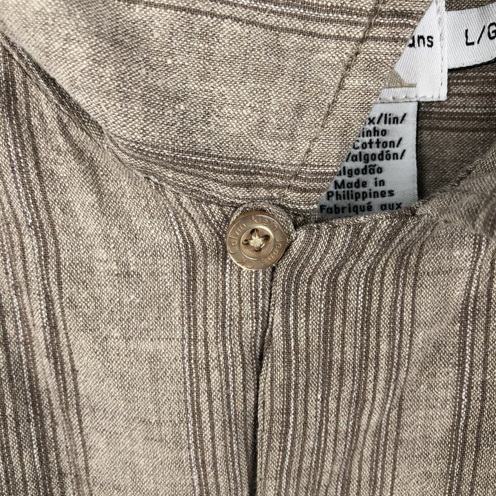 90s-00'S Calvin Klein Stripe Pattern Short-Sleeve Open-Collar Linen Shirt, Boxy Shirt, Men's Size L (Equivalent), Vintage linen Beige type Vintage Second Hand