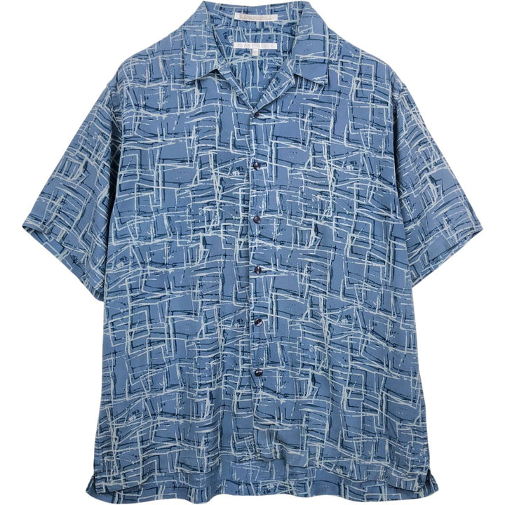 Perry Ellis all-over print short-sleeved open-collar silk shirt, boxy fit, men's size L equivalent. silk blue type Vintage Second Hand