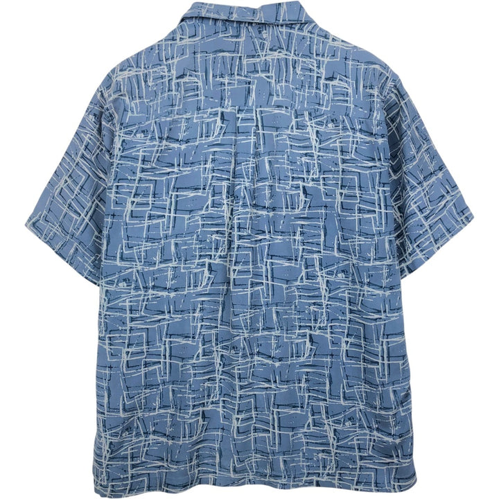Perry Ellis all-over print short-sleeved open-collar silk shirt, boxy fit, men's size L equivalent. silk blue type Vintage Second Hand