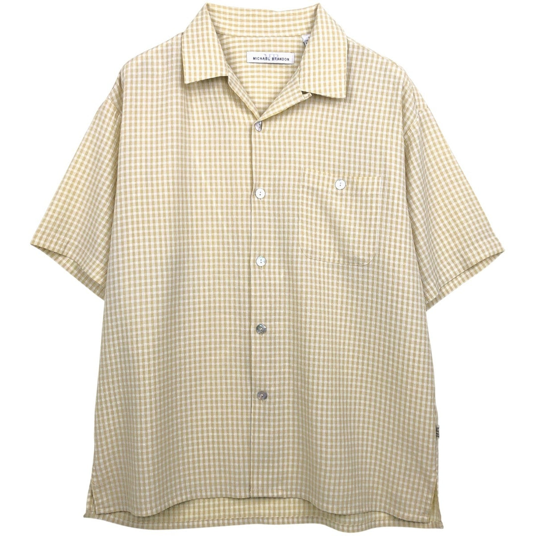 NICHAEL BRANDON Check Pattern Short-Sleeve Open Collar Polyester x Rayon Box Shirt Men's Size L (approx.) Rayon Beige type Vintage Second Hand