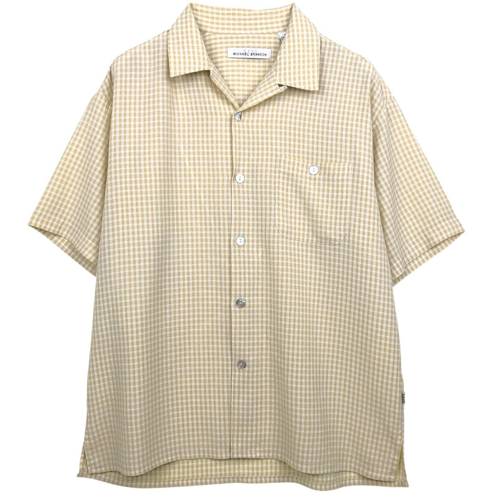 NICHAEL BRANDON Check Pattern Short-Sleeve Open Collar Polyester x Rayon Box Shirt Men's Size L (approx.) Rayon Beige type Vintage Second Hand