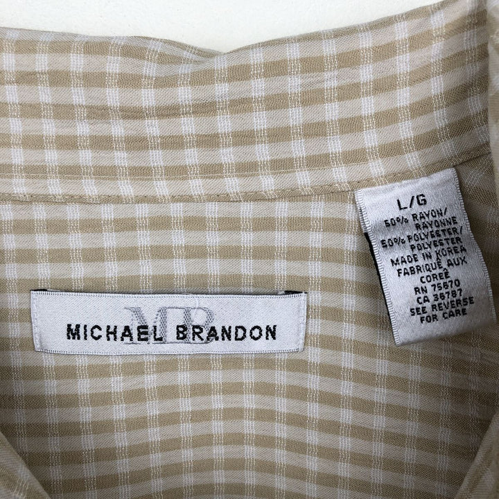 NICHAEL BRANDON Check Pattern Short-Sleeve Open Collar Polyester x Rayon Box Shirt Men's Size L (approx.) Rayon Beige type Vintage Second Hand