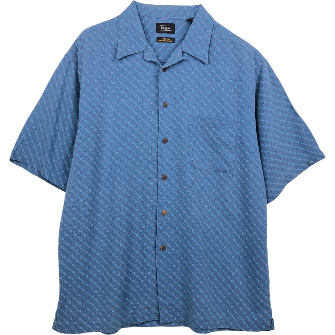 Hagger all-over print short-sleeved open-collar silk shirt, boxy style, men's size L. silk blue type Vintage Second Hand