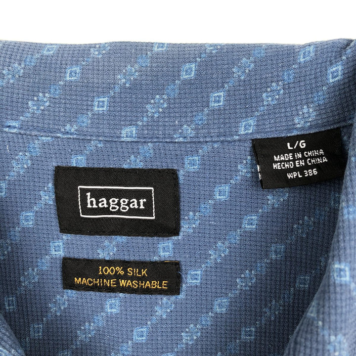 Hagger all-over print short-sleeved open-collar silk shirt, boxy style, men's size L. silk blue type Vintage Second Hand