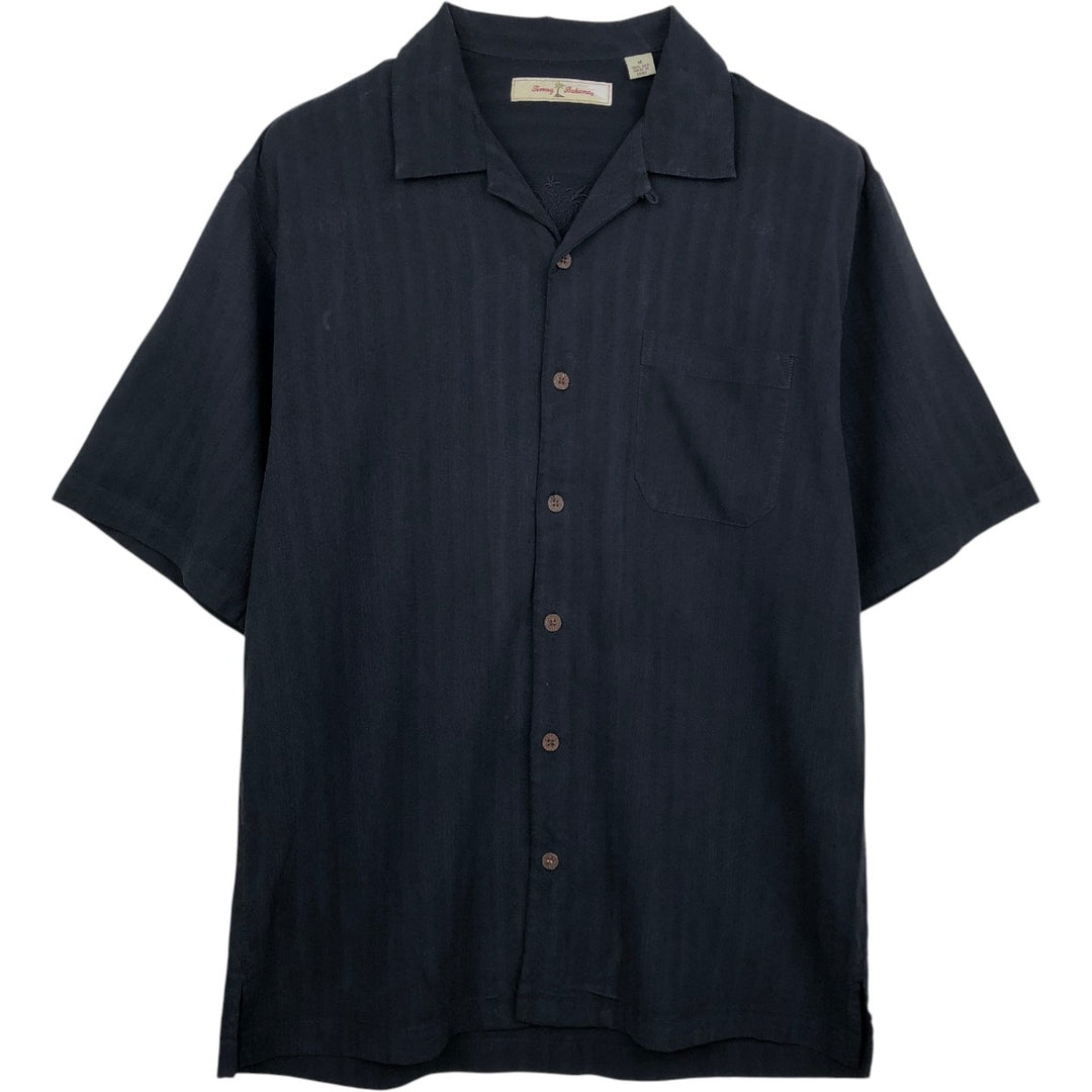 Tommy Bahama Stripe Pattern Short-Sleeve Open Collar Silk Shirt, Boxy Fit, Men's Size M silk black type Vintage Second Hand