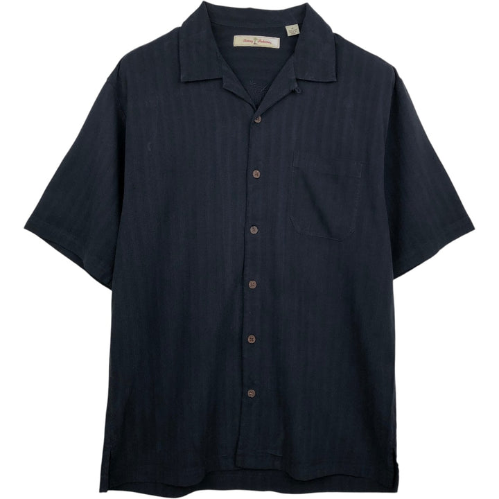 Tommy Bahama Stripe Pattern Short-Sleeve Open Collar Silk Shirt, Boxy Fit, Men's Size M silk black type Vintage Second Hand