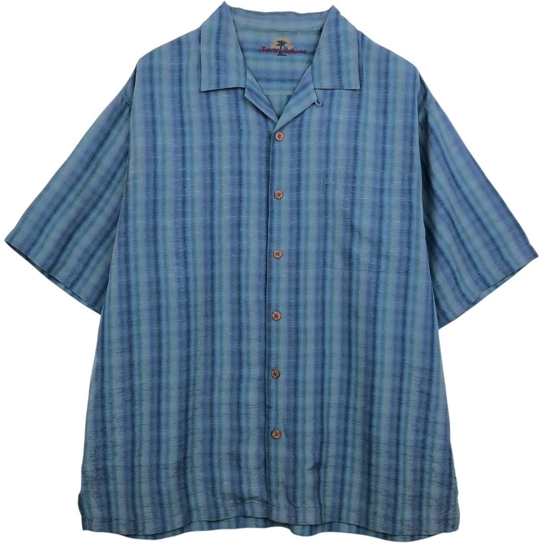 Tommy Bahama Stripe Pattern Short-Sleeve Open Collar Silk Shirt, Boxy Fit, Men's Size L (approx.) silk blue type Vintage Second Hand