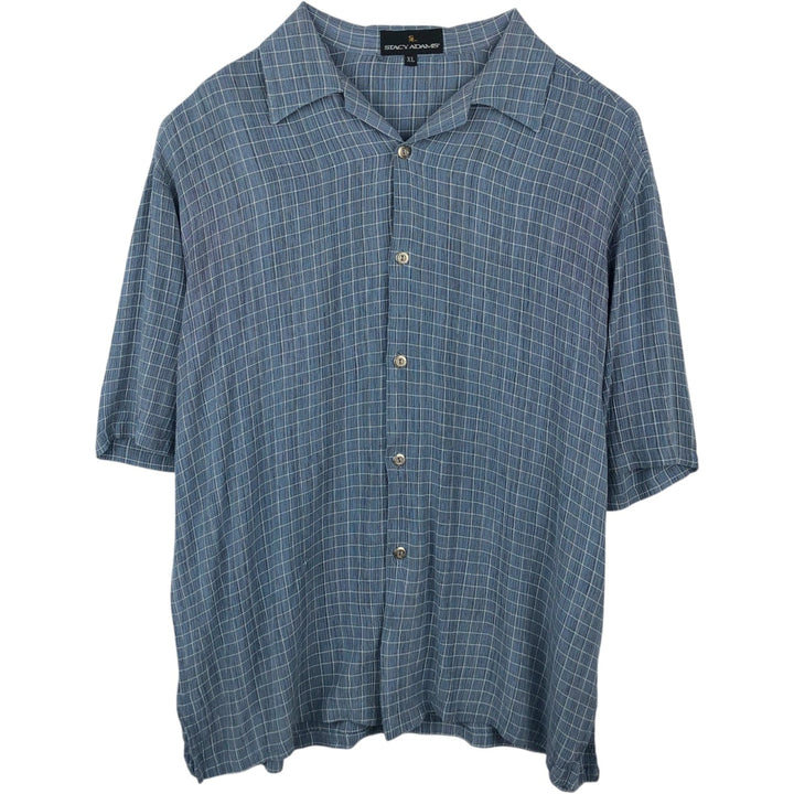 STACY ADAMS Check Pattern Short-Sleeve Open Collar Rayon Shirt, Boxy Shirt, Made in USA, Men's XL Equivalent Rayon blue type Vintage Second Hand