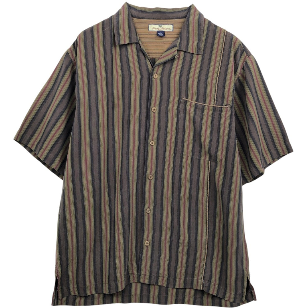 Tommy Bahama Stripe Pattern Short-Sleeve Open Collar Silk Shirt, Boxy Fit, Men's Size L (approx.) silk brown type Vintage Second Hand