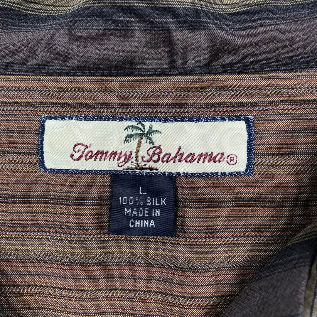 Tommy Bahama Stripe Pattern Short-Sleeve Open Collar Silk Shirt, Boxy Fit, Men's Size L (approx.) silk brown type Vintage Second Hand