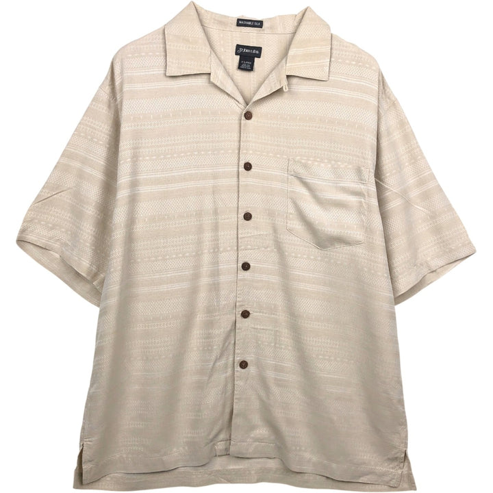 St. John's Bay all-over print multi-stripe short-sleeved open-collar silk shirt, boxy fit, men's size XL. silk unbleached Vintage Second Hand