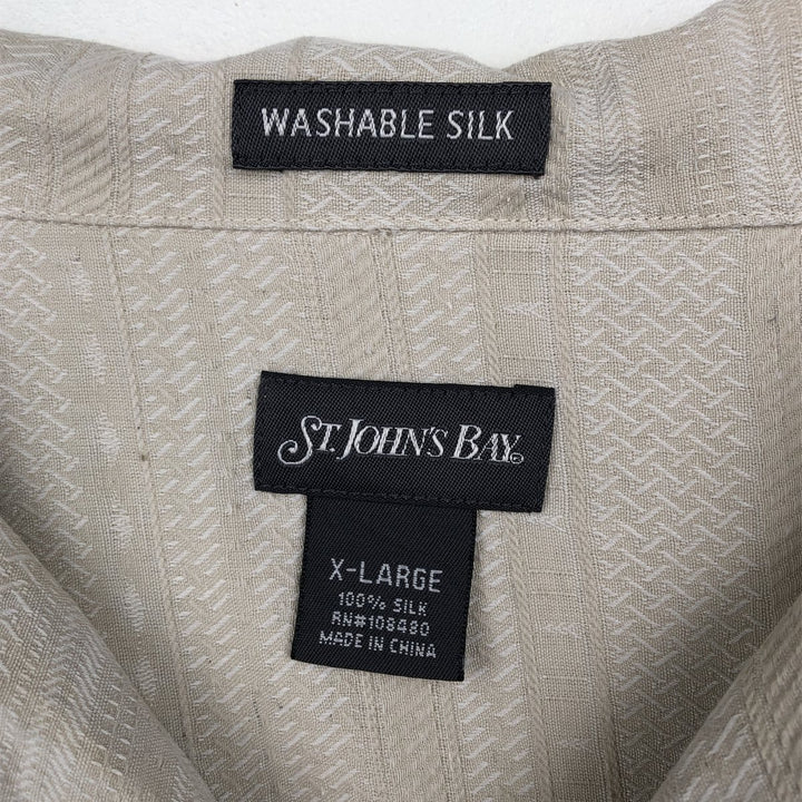 St. John's Bay all-over print multi-stripe short-sleeved open-collar silk shirt, boxy fit, men's size XL. silk unbleached Vintage Second Hand