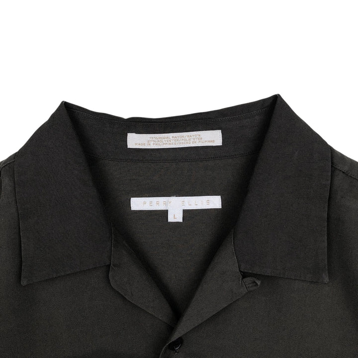 Perry Ellis short-sleeved open-collar rayon shirt, boxy fit, men's size L (approx.) Rayon Charcoal Vintage Second Hand