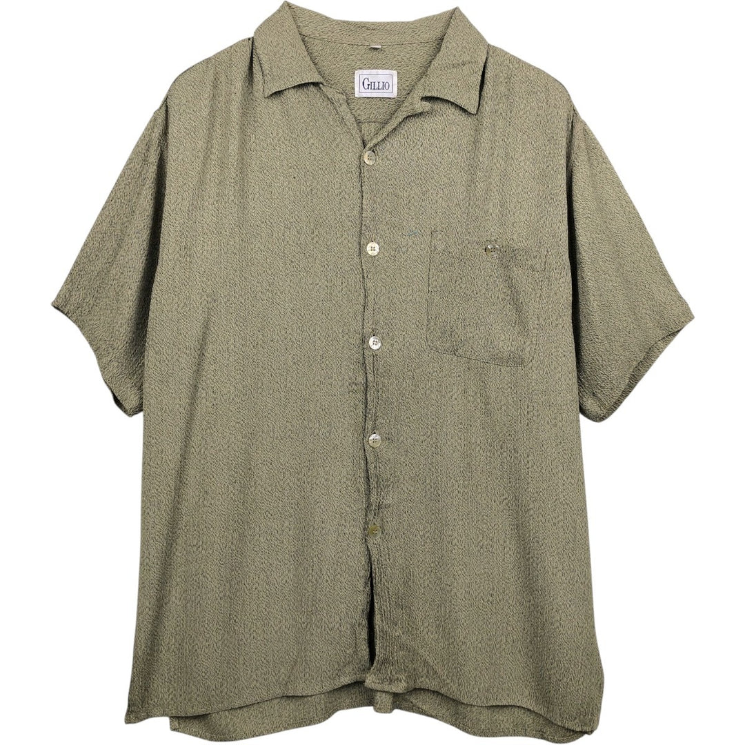 GILLIO All-over print short-sleeved open-collar acetate x rayon shirt, boxy style, made in the USA, men's size L equivalent. Rayon Khaki type beige Vintage Second Hand
