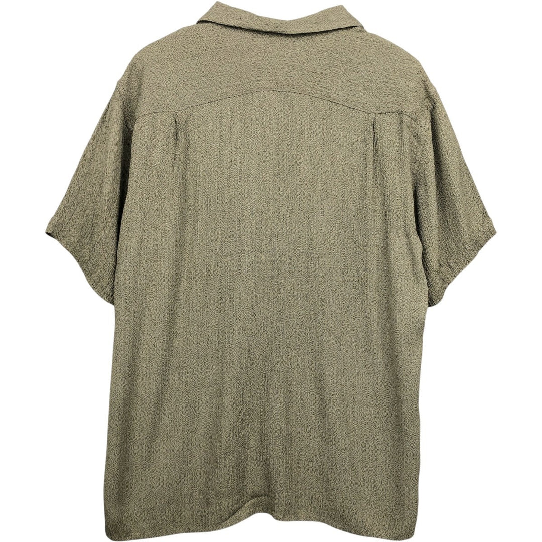 GILLIO All-over print short-sleeved open-collar acetate x rayon shirt, boxy style, made in the USA, men's size L equivalent. Rayon Khaki type beige Vintage Second Hand