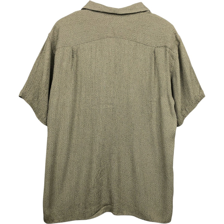 GILLIO All-over print short-sleeved open-collar acetate x rayon shirt, boxy style, made in the USA, men's size L equivalent. Rayon Khaki type beige Vintage Second Hand