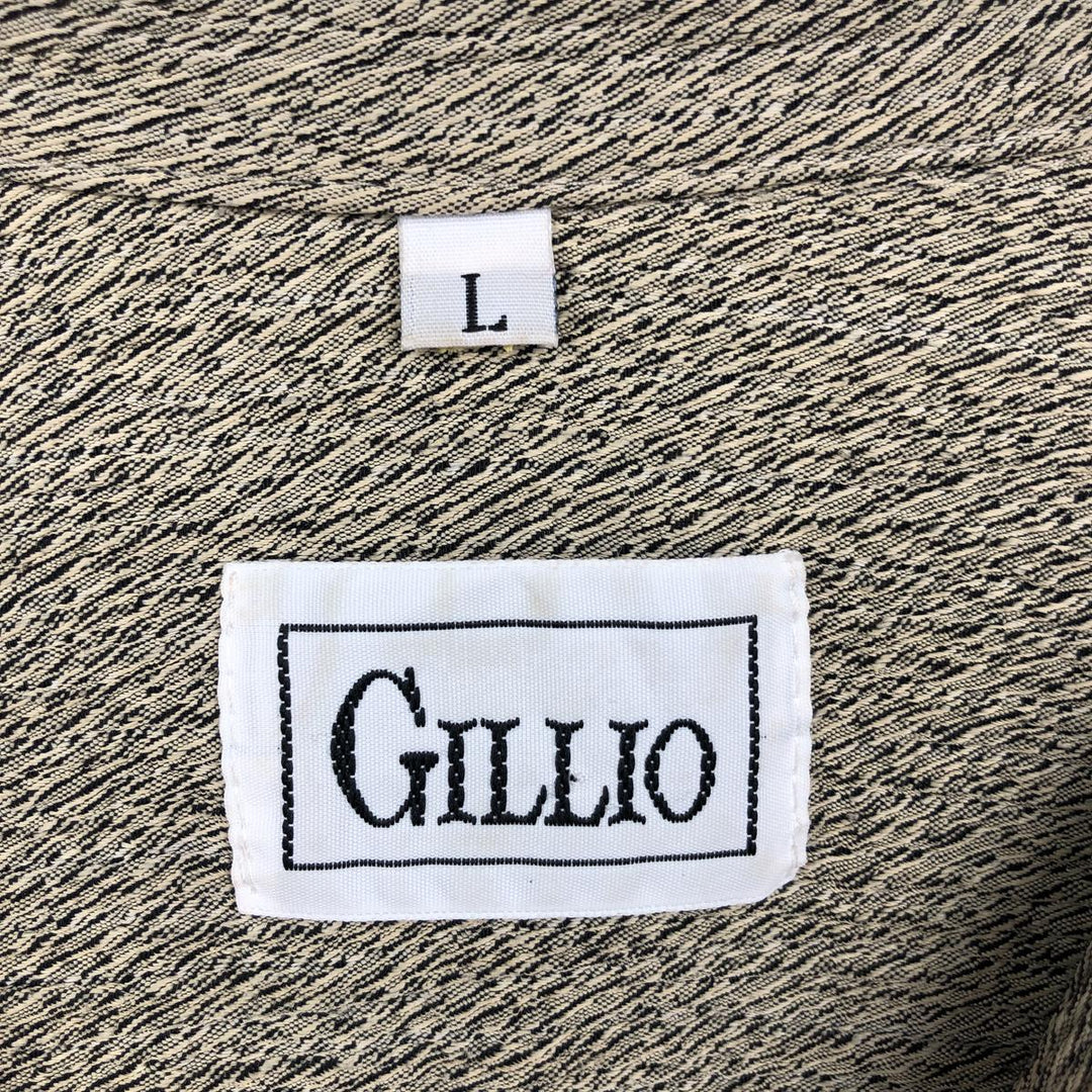 GILLIO All-over print short-sleeved open-collar acetate x rayon shirt, boxy style, made in the USA, men's size L equivalent. Rayon Khaki type beige Vintage Second Hand