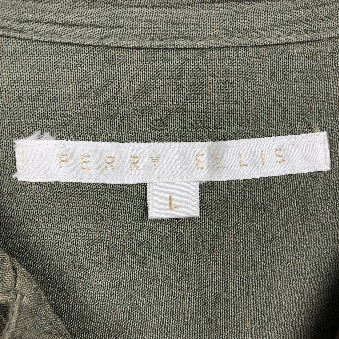 Perry Ellis short-sleeved open-collar rayon shirt, boxy fit, men's size L (approx.) Rayon Khaki type Vintage Second Hand