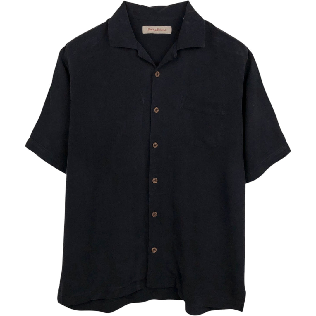 Tommy Bahama herringbone short-sleeved open-collar silk shirt, boxy fit, men's size M. silk black type Vintage Second Hand