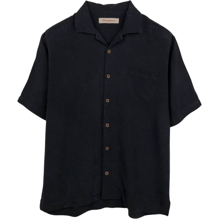 Tommy Bahama herringbone short-sleeved open-collar silk shirt, boxy fit, men's size M. silk black type Vintage Second Hand