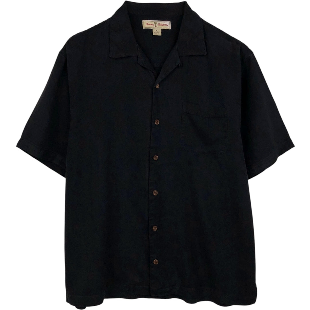 Tommy Bahama herringbone short-sleeved open-collar silk shirt, boxy fit, men's size M. silk black type Vintage Second Hand