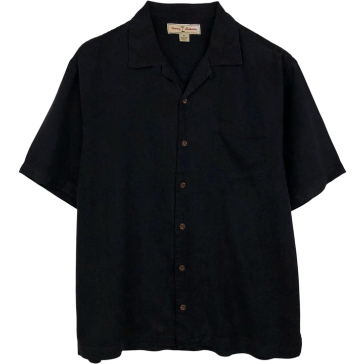 Tommy Bahama herringbone short-sleeved open-collar silk shirt, boxy fit, men's size M. silk black type Vintage Second Hand