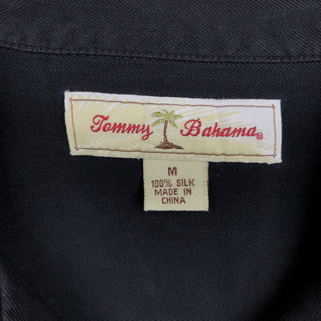 Tommy Bahama herringbone short-sleeved open-collar silk shirt, boxy fit, men's size M. silk black type Vintage Second Hand