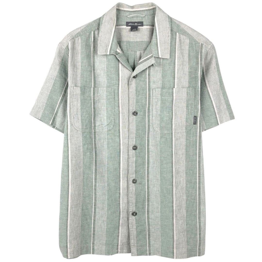 Eddie Bauer Stripe Pattern Short-Sleeve Open Collar Cotton x Linen Box Shirt (Men's Size S) Hemp green type Vintage Second Hand