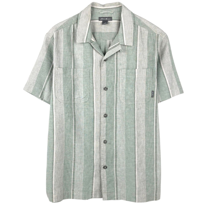 Eddie Bauer Stripe Pattern Short-Sleeve Open Collar Cotton x Linen Box Shirt (Men's Size S) Hemp green type Vintage Second Hand