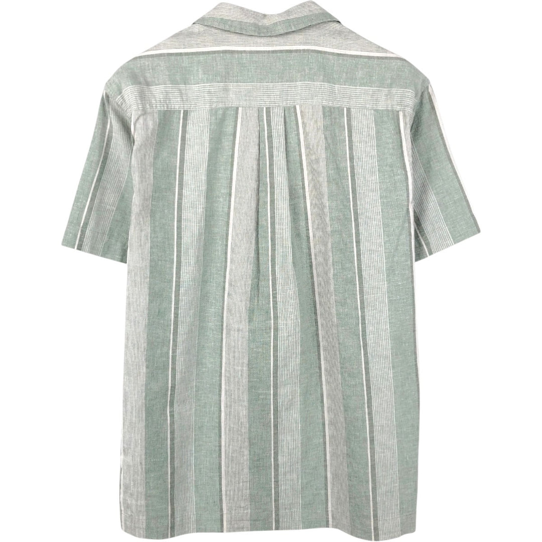 Eddie Bauer Stripe Pattern Short-Sleeve Open Collar Cotton x Linen Box Shirt (Men's Size S) Hemp green type Vintage Second Hand