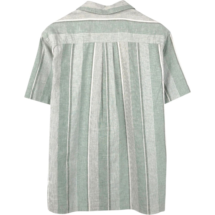 Eddie Bauer Stripe Pattern Short-Sleeve Open Collar Cotton x Linen Box Shirt (Men's Size S) Hemp green type Vintage Second Hand