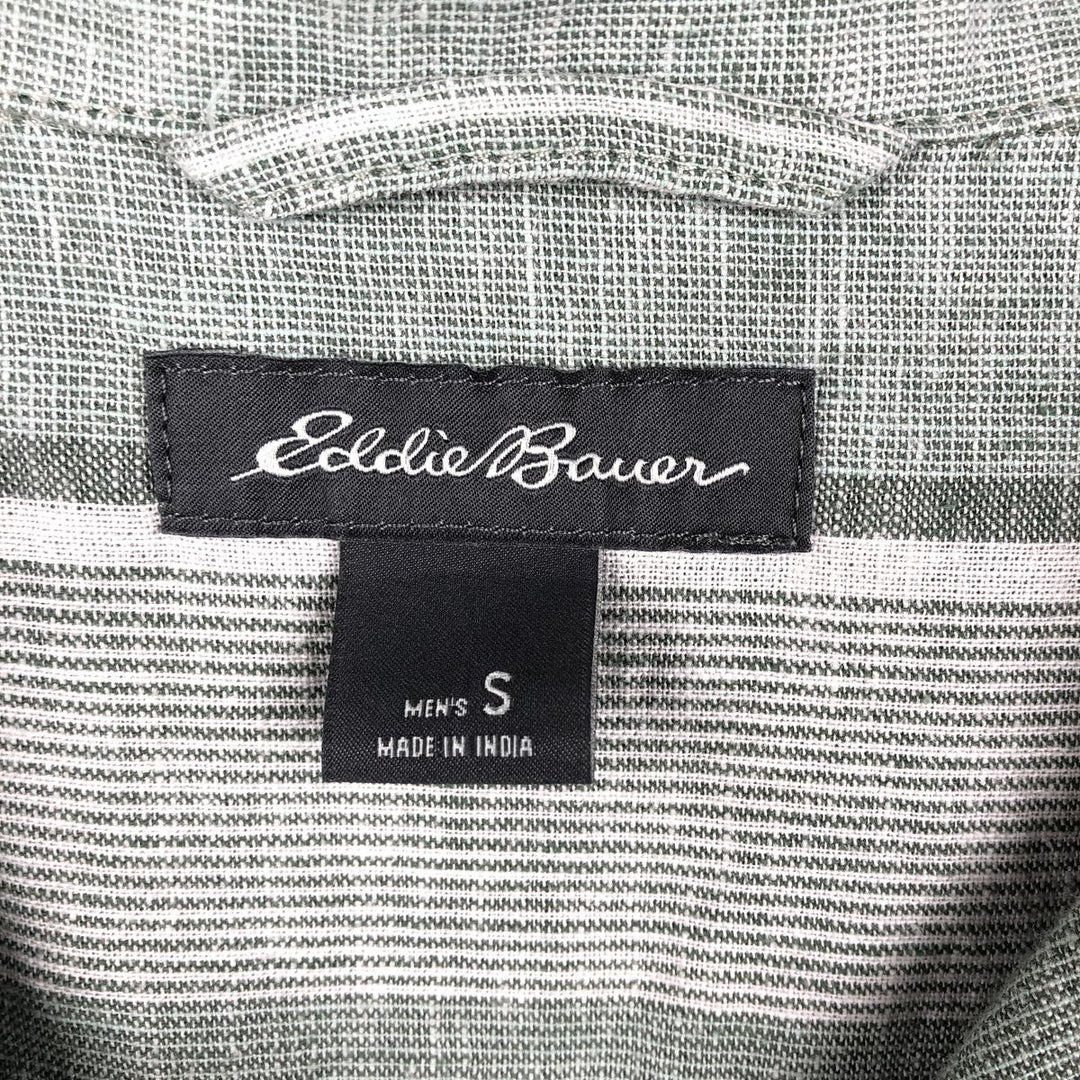 Eddie Bauer Stripe Pattern Short-Sleeve Open Collar Cotton x Linen Box Shirt (Men's Size S) Hemp green type Vintage Second Hand
