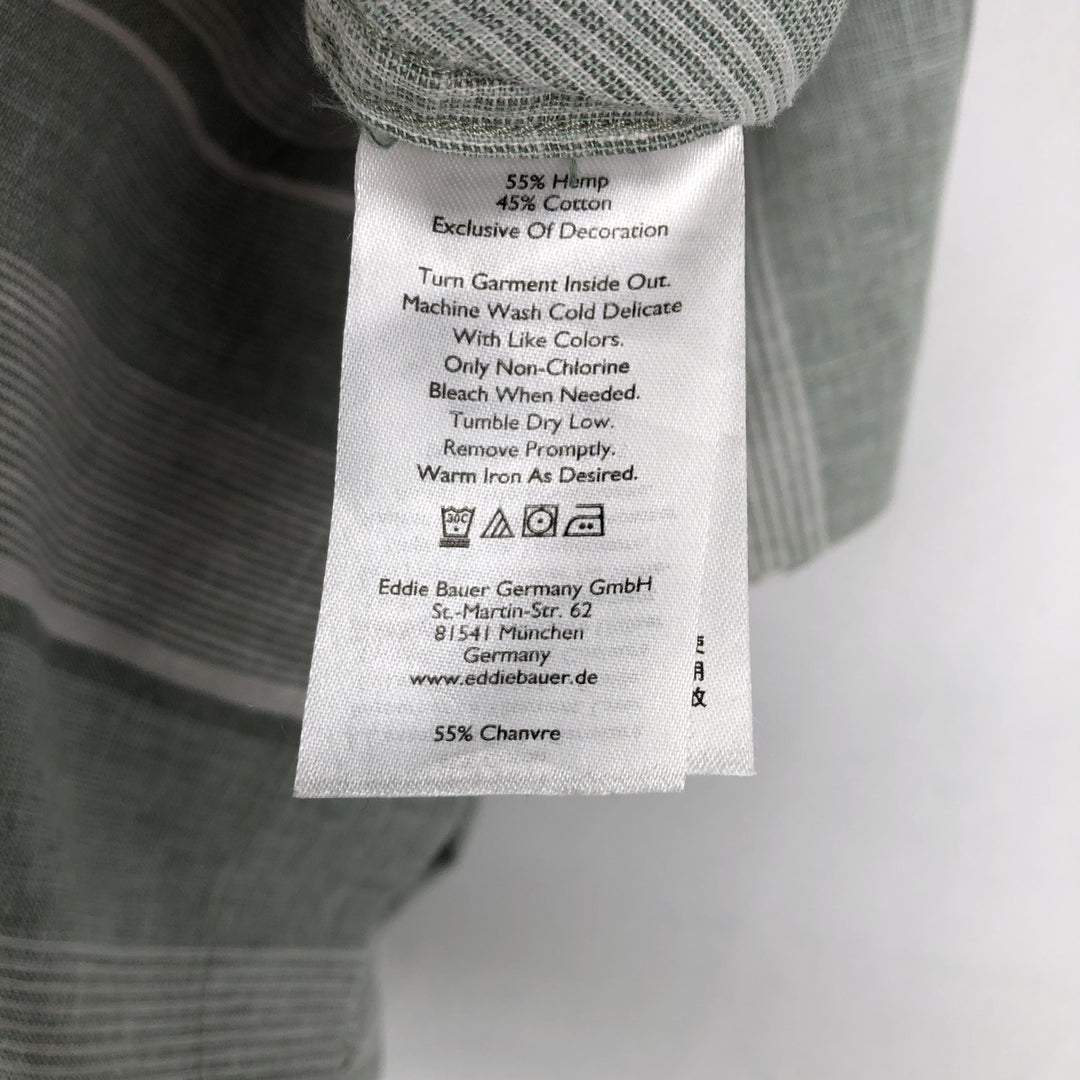 Eddie Bauer Stripe Pattern Short-Sleeve Open Collar Cotton x Linen Box Shirt (Men's Size S) Hemp green type Vintage Second Hand