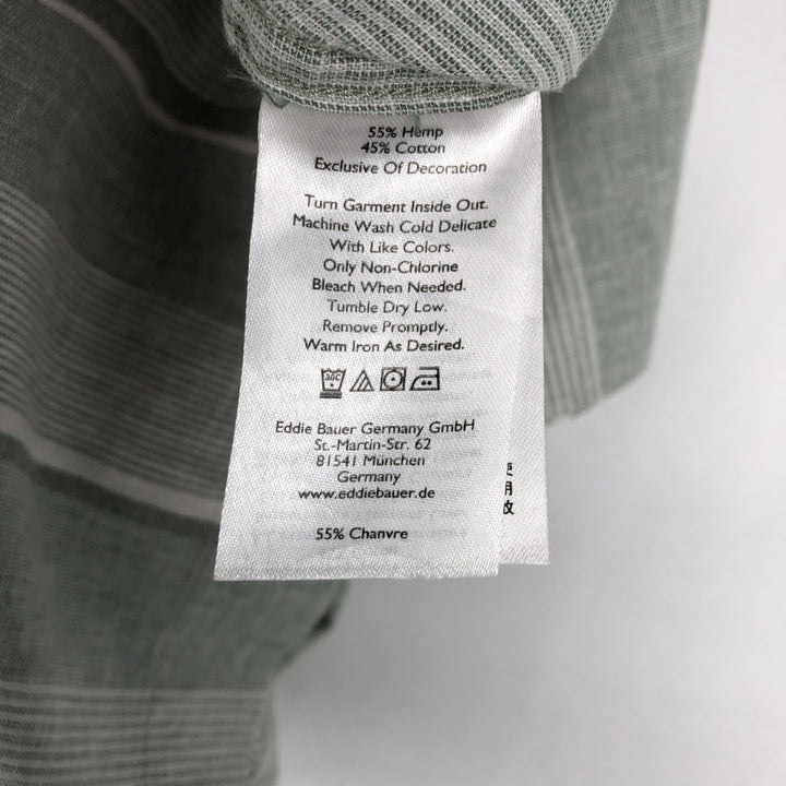 Eddie Bauer Stripe Pattern Short-Sleeve Open Collar Cotton x Linen Box Shirt (Men's Size S) Hemp green type Vintage Second Hand
