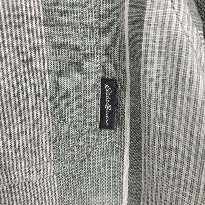 Eddie Bauer Stripe Pattern Short-Sleeve Open Collar Cotton x Linen Box Shirt (Men's Size S) Hemp green type Vintage Second Hand