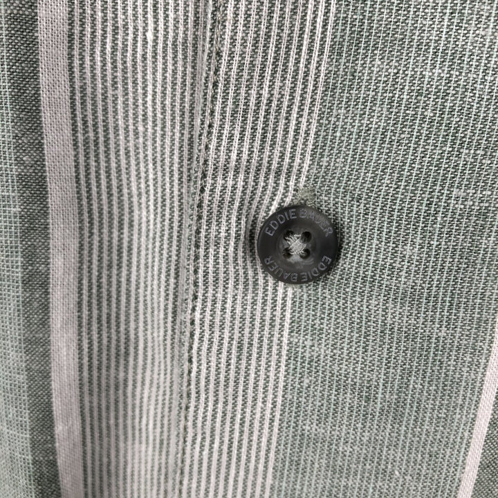 Eddie Bauer Stripe Pattern Short-Sleeve Open Collar Cotton x Linen Box Shirt (Men's Size S) Hemp green type Vintage Second Hand