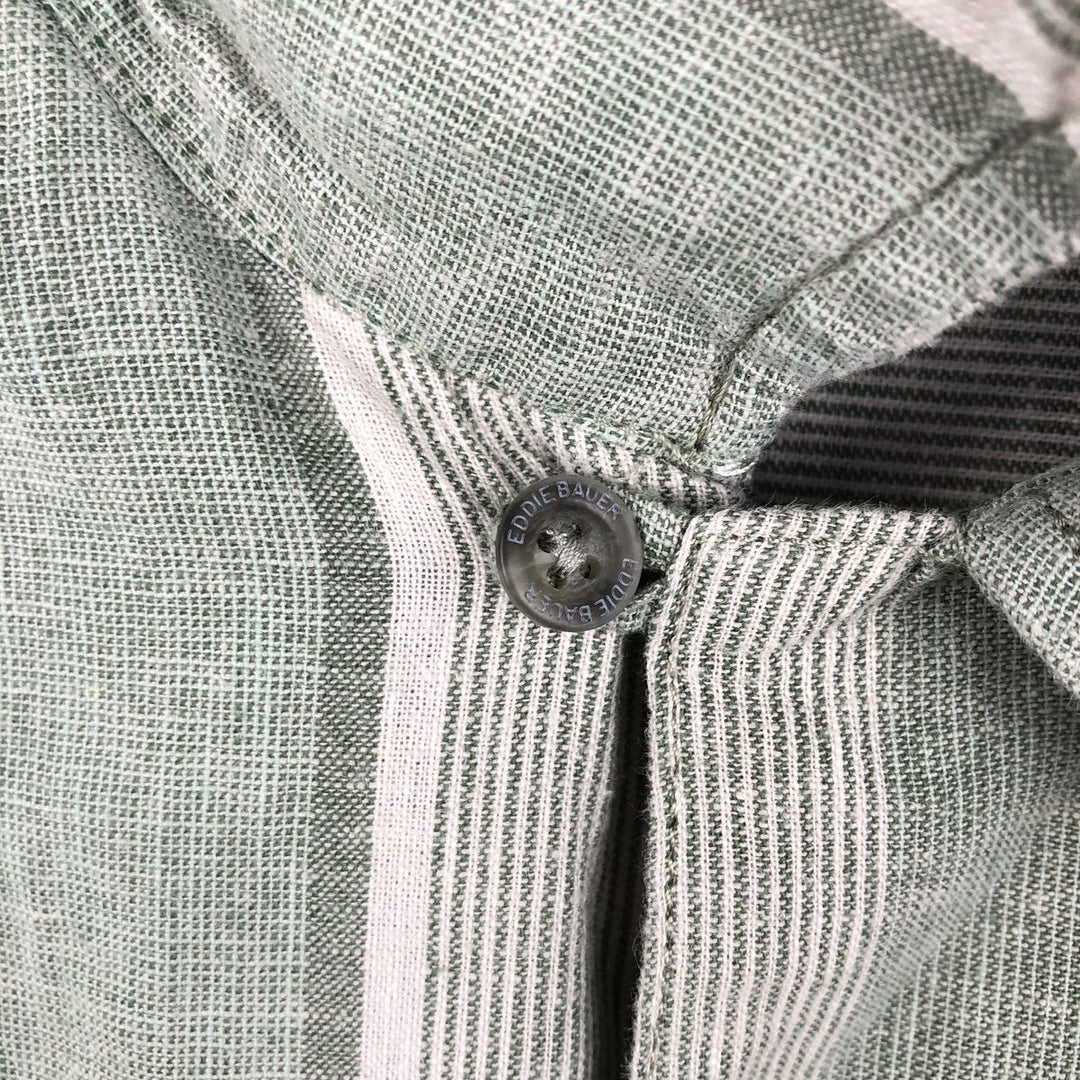 Eddie Bauer Stripe Pattern Short-Sleeve Open Collar Cotton x Linen Box Shirt (Men's Size S) Hemp green type Vintage Second Hand