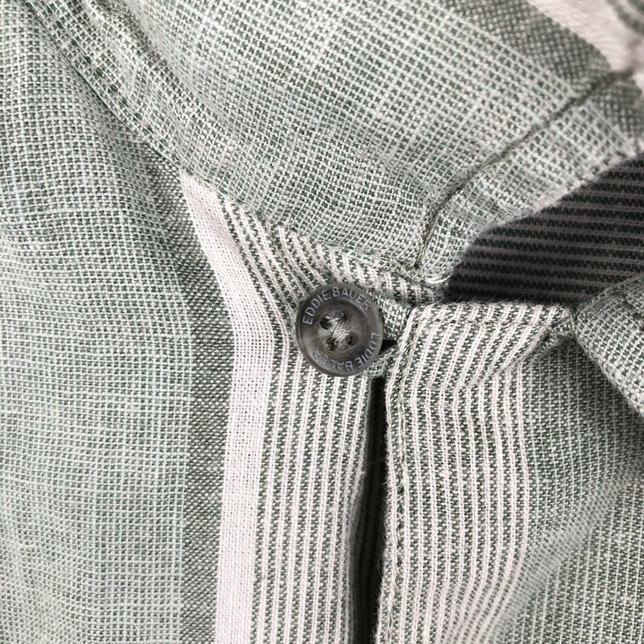 Eddie Bauer Stripe Pattern Short-Sleeve Open Collar Cotton x Linen Box Shirt (Men's Size S) Hemp green type Vintage Second Hand