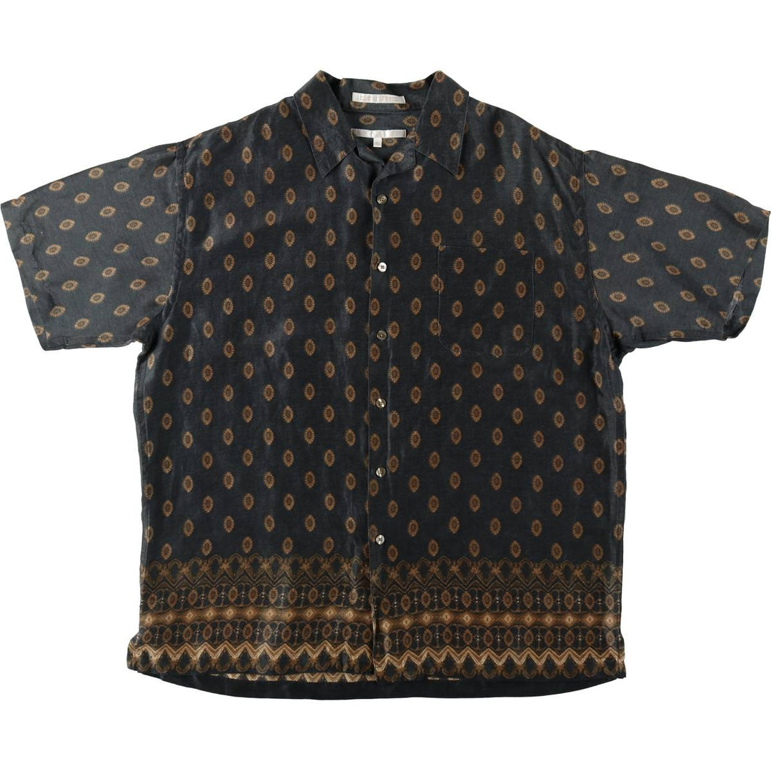 Perry Ellis all-over print short-sleeved open-collar linen shirt, boxy fit, men's size L equivalent. linen black type Vintage Second Hand
