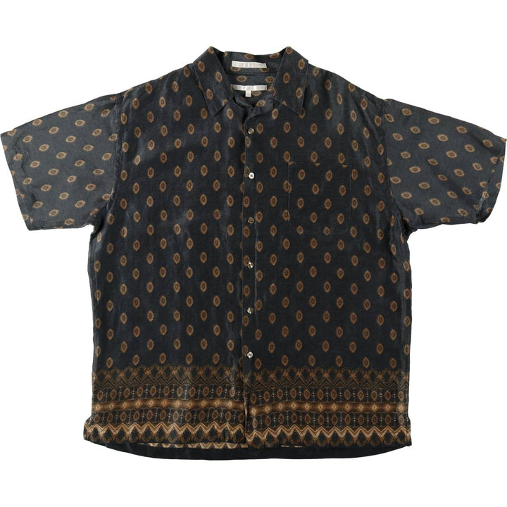 Perry Ellis all-over print short-sleeved open-collar linen shirt, boxy fit, men's size L equivalent. linen black type Vintage Second Hand