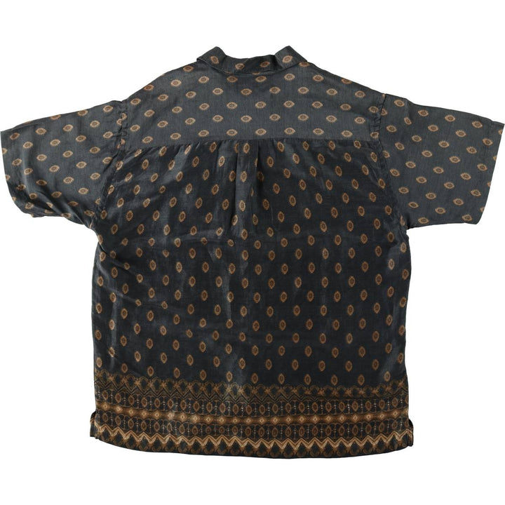 Perry Ellis all-over print short-sleeved open-collar linen shirt, boxy fit, men's size L equivalent. linen black type Vintage Second Hand