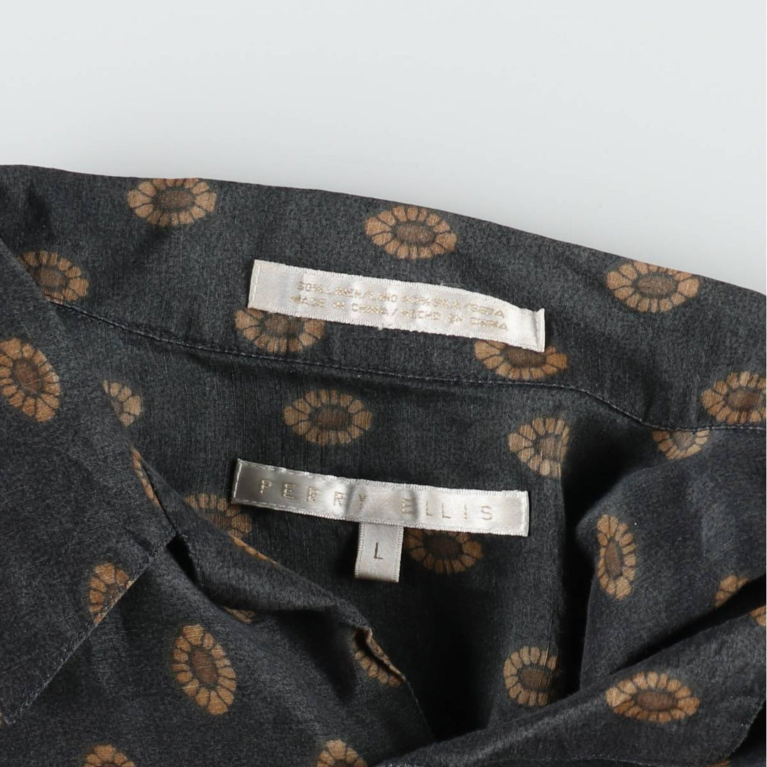 Perry Ellis all-over print short-sleeved open-collar linen shirt, boxy fit, men's size L equivalent. linen black type Vintage Second Hand