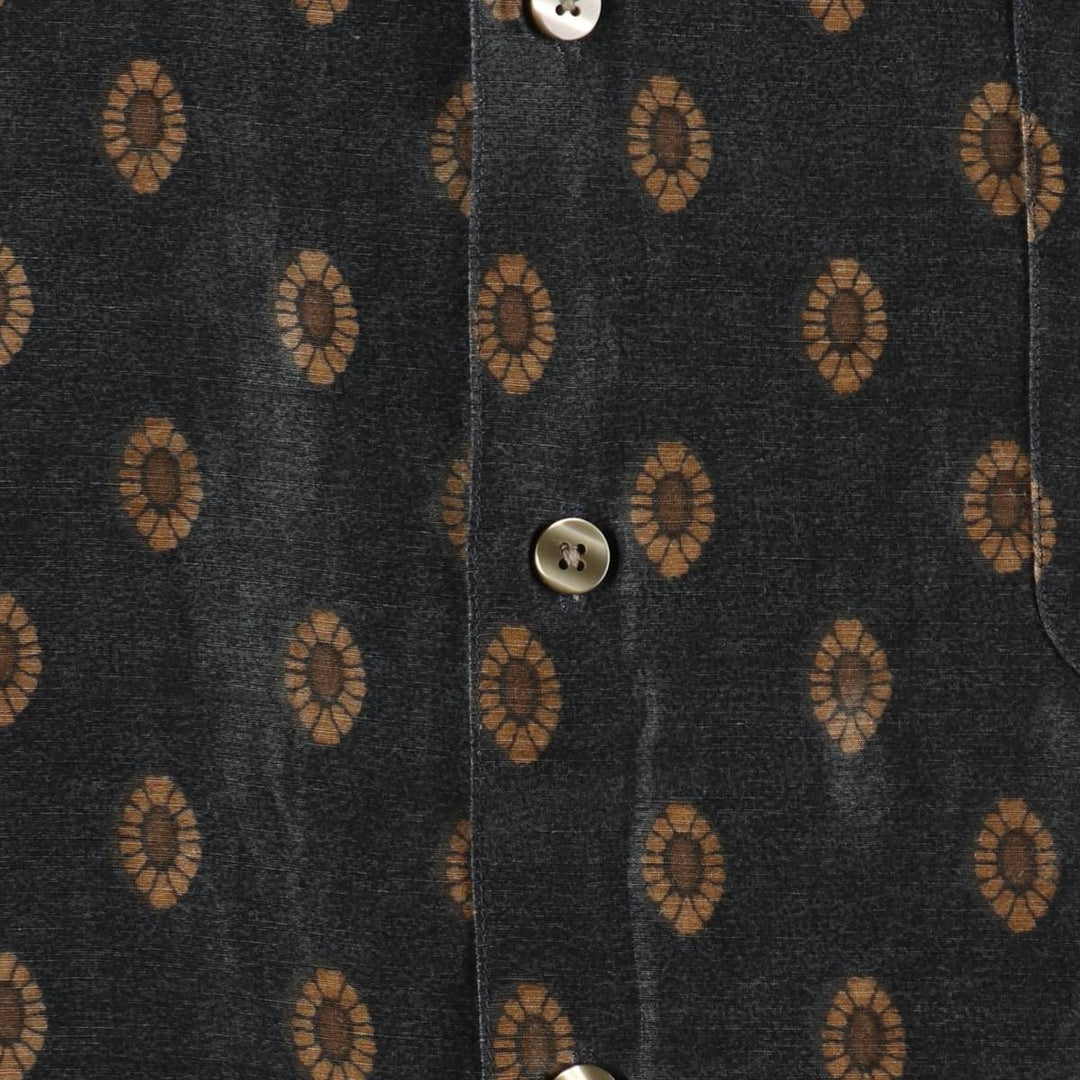 Perry Ellis all-over print short-sleeved open-collar linen shirt, boxy fit, men's size L equivalent. linen black type Vintage Second Hand