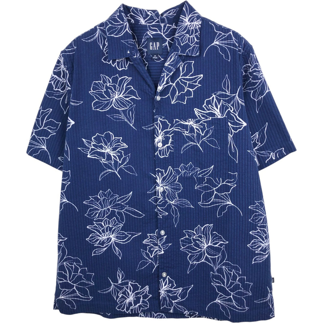 2000'S GAP all-over floral and stripe pattern open-collar Hawaiian Aloha shirt, boxy fit, men's size M. cotton navy blue type Vintage Second Hand
