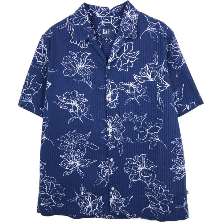 2000'S GAP all-over floral and stripe pattern open-collar Hawaiian Aloha shirt, boxy fit, men's size M. cotton navy blue type Vintage Second Hand