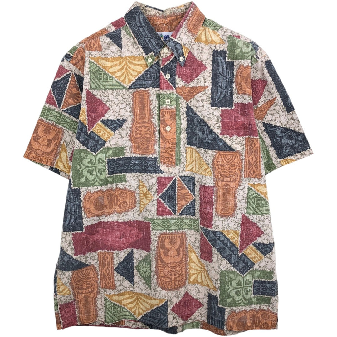 90'S Reyn Spooner pullover, swimwear tag, all-over print, button-down, Hawaiian Aloha shirt, boxy shirt, men's size L equivalent. unclear navy blue type Vintage Second Hand
