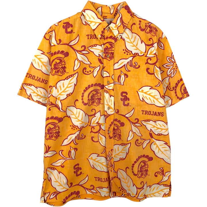 Reyn Spooner Team Trojans all-over print button-down Hawaiian Aloha shirt, boxy style, men's size L equivalent, vintage. cotton yellow type Vintage Second Hand
