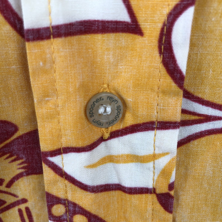 Reyn Spooner Team Trojans all-over print button-down Hawaiian Aloha shirt, boxy style, men's size L equivalent, vintage. cotton yellow type Vintage Second Hand