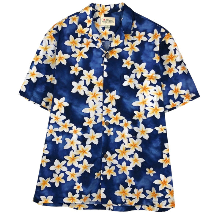 Royal Hawaiian Creations all-over floral print open-collar Hawaiian Aloha shirt, boxy style, made in Hawaii, men's size M. cotton navy blue type Vintage Second Hand